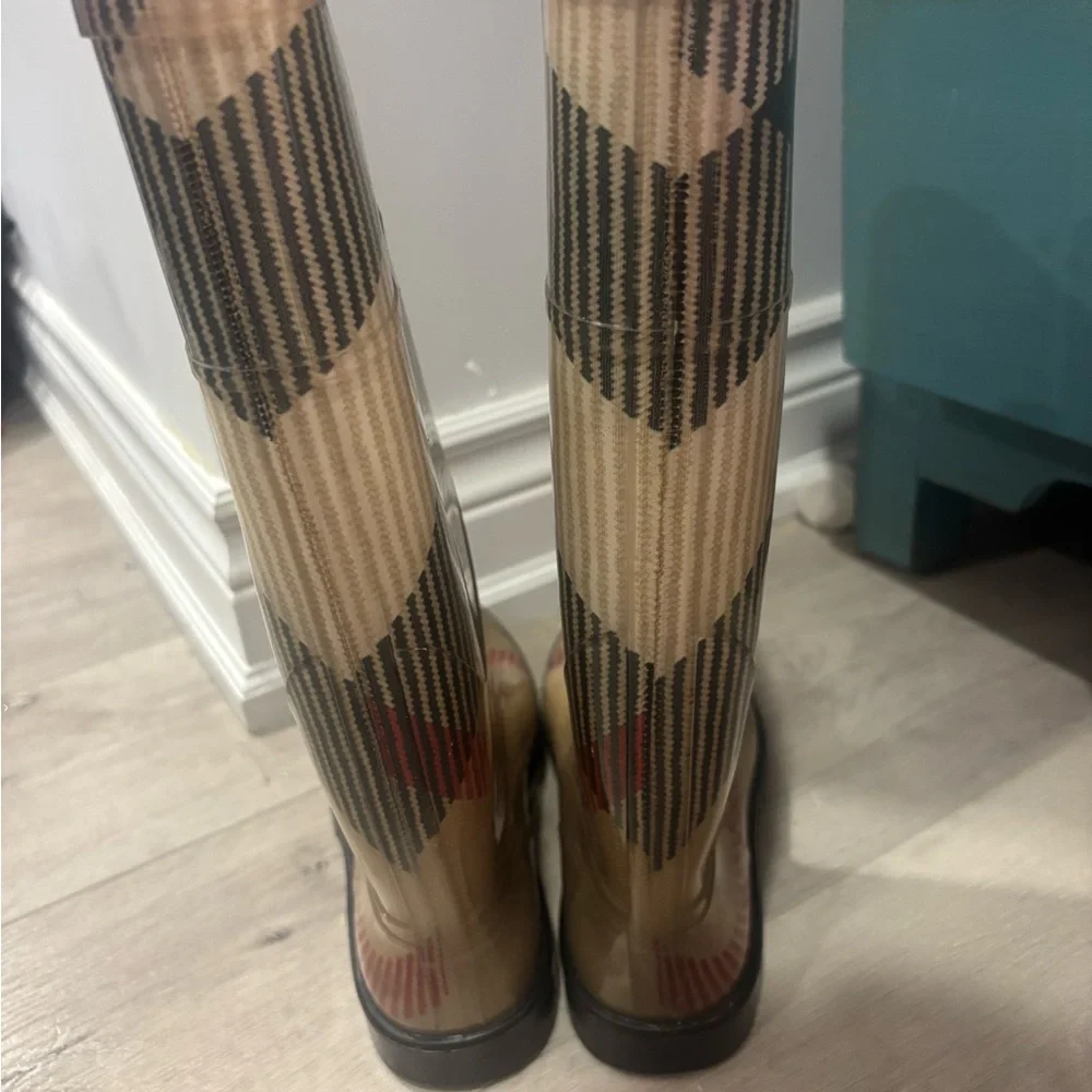 Burberry Beige Black and Red Plaid Rain Boots - Picture 3 of 7